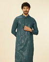 alt message - Manyavar Men Teal Blue Chikankari Kurta Set image number 0